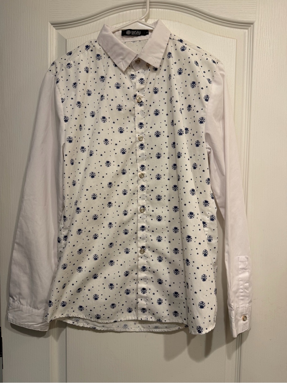 Girls' White Long-Sleeve Blouse with Navy Floral Dot Print